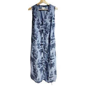 Liz Claiborne Women XL Blue Chambray Floral Sleeveless Maxi Dress Linen Blend